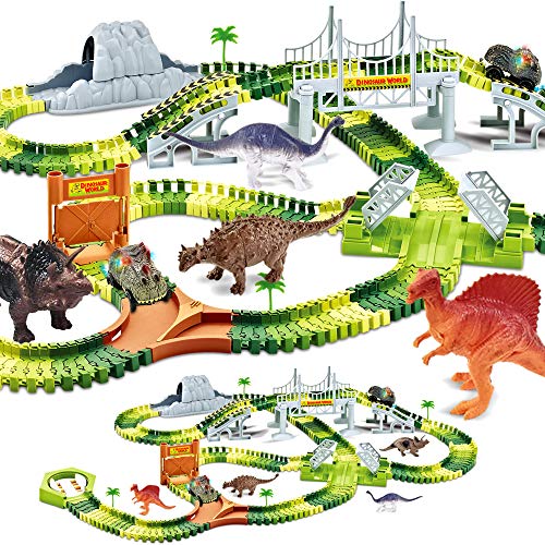 KITOART Dinosaur Toys-258 Pcs Create A Dinosaur World Road Race, Dinosaur Race Track-Flexible Assembly of Various Track Devices & 2 Cool Dinosaur Car, Best Gift for Kids-3 4 5 6 Year Old Boys Girls