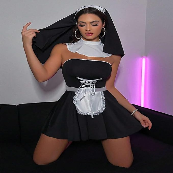 Sexy Black Nun Costume Set Flirty Roleplay Fantasy