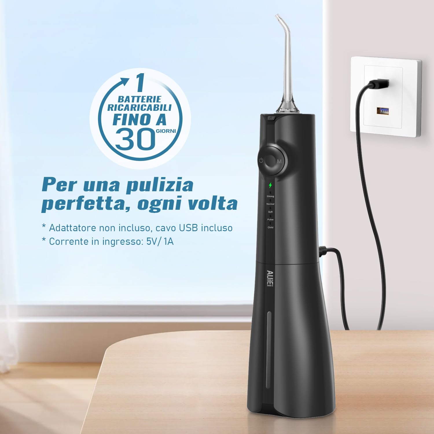 AUIEI Idropulsore dentale senza fili, irrigatore orale con 5 modalità e 8 ugelli, water flosser elettrico impermeabile IPX7 con serbatoio da 300 ml per casa e viaggio (Nero)