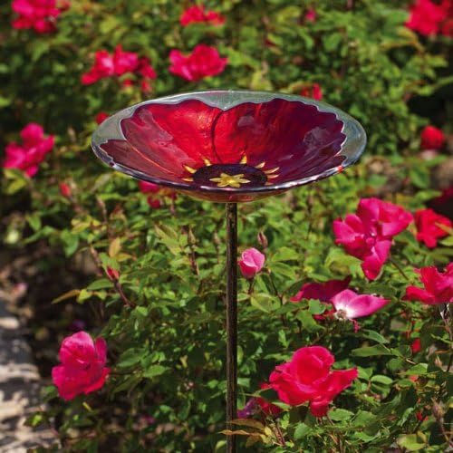 Evergreen Ruby Pansy Glass Bird Bath Bowl with Metal Stake - 11.25”L x 11.25"W x 24.75"H