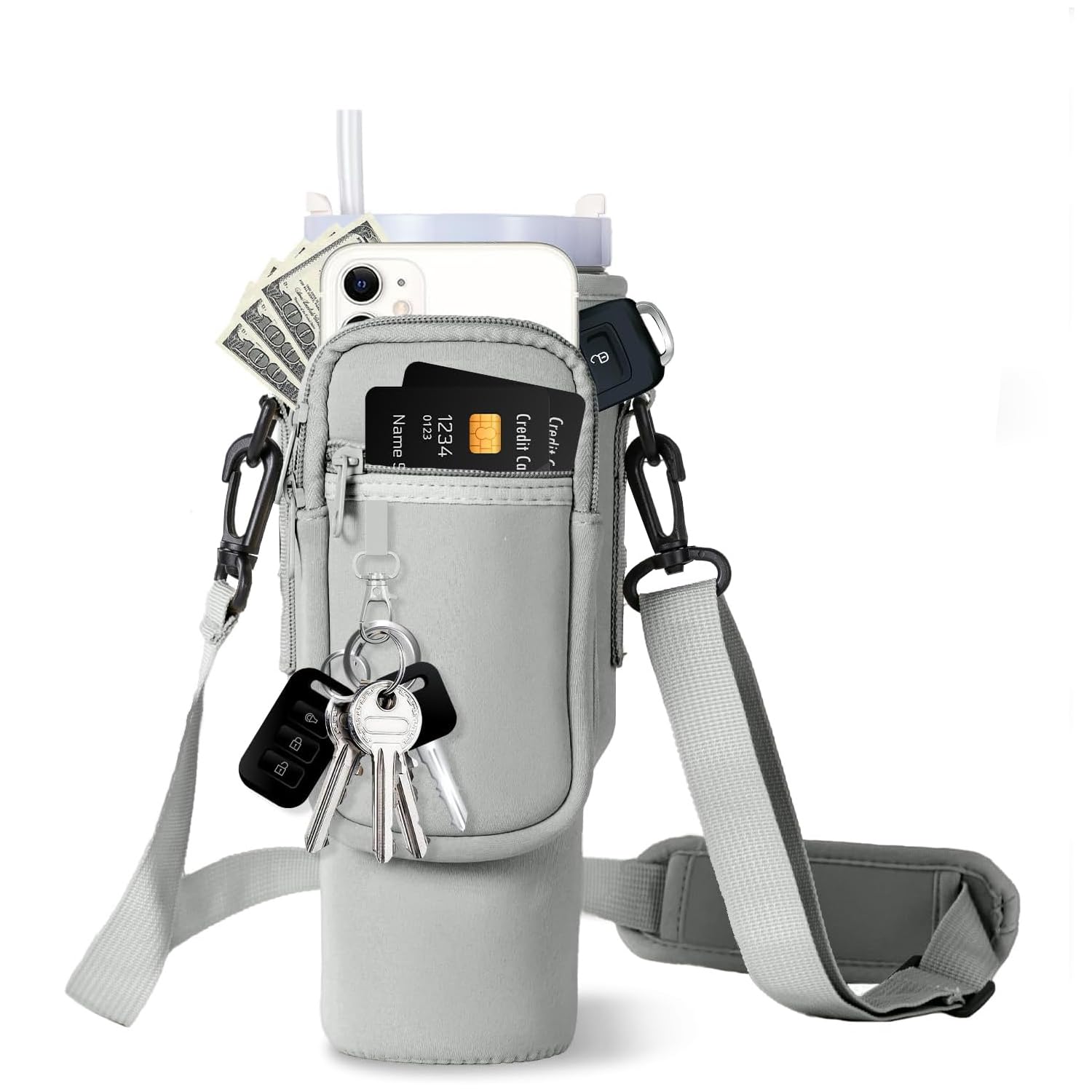 Water Bottle Holder with Strap for Stanley Cup Accessories 40 oz Water Bottle Carrier Bag with 2 Pocket Sling Neoprene,Adjustable Strap& Straw Cover.Water Bottle Sleeve for Walking Hiking Camping Gym