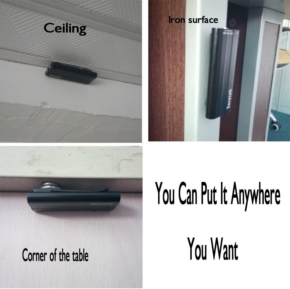 Four images showing the Savetek Mini Clip Voice Recorder magnetically attached to a ceiling, an iron surface, and a corner of a table