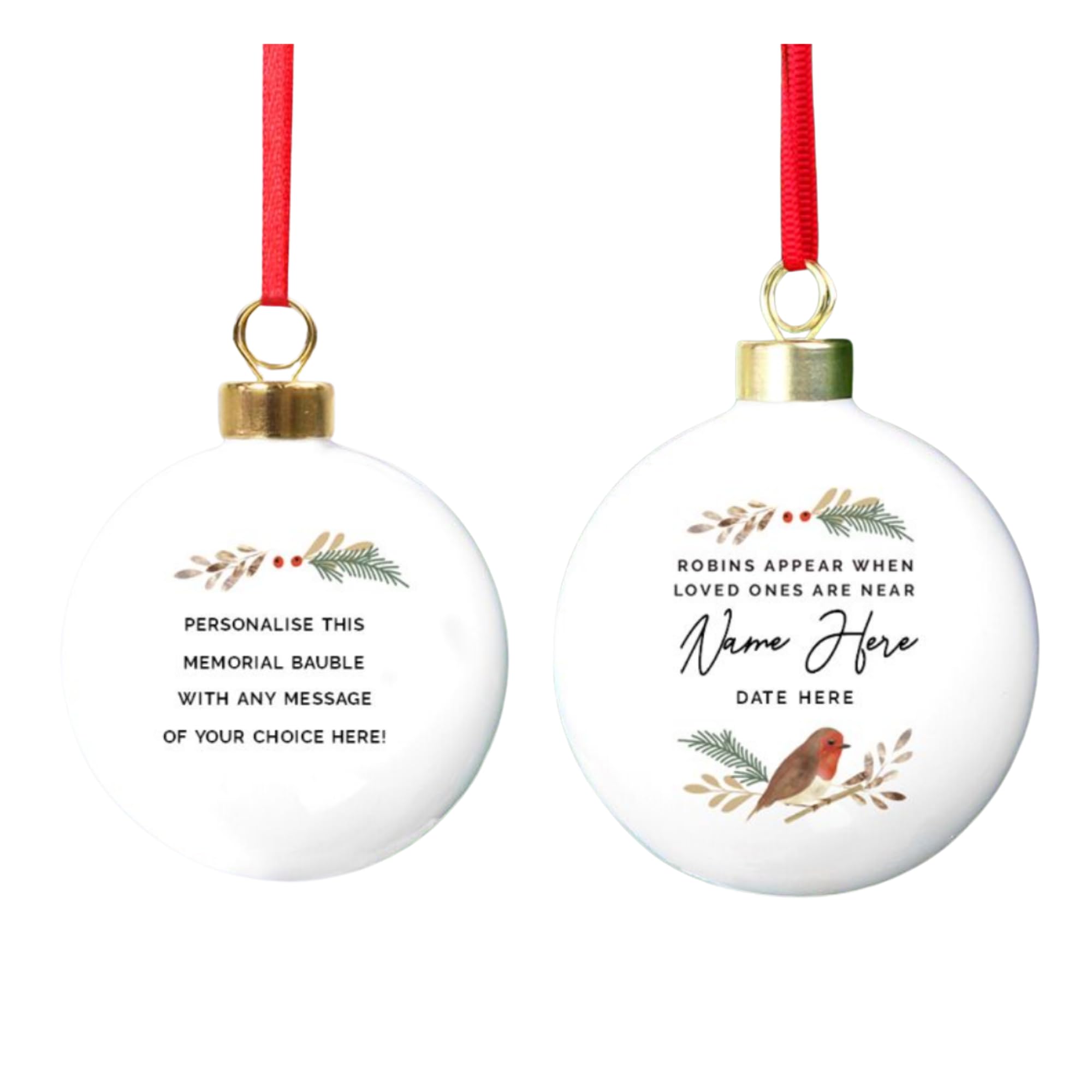 Personalised Robin Bauble. Ceramic Christmas Tree Decoration