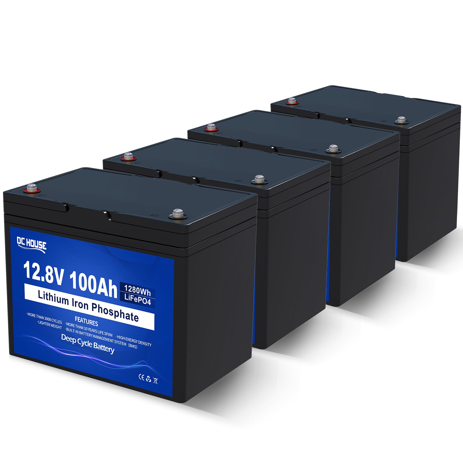 DC HOUSE 12V 100AH 4Pack Lithium Battery, 5.12 KWH LiFeO4 Battery 100A BMS, Bluetooth & Low Temp Cut-Off, Up to 15000 Lithium Deep Cycle, Perfect for RV, Trolling Motor, Kayak Cart