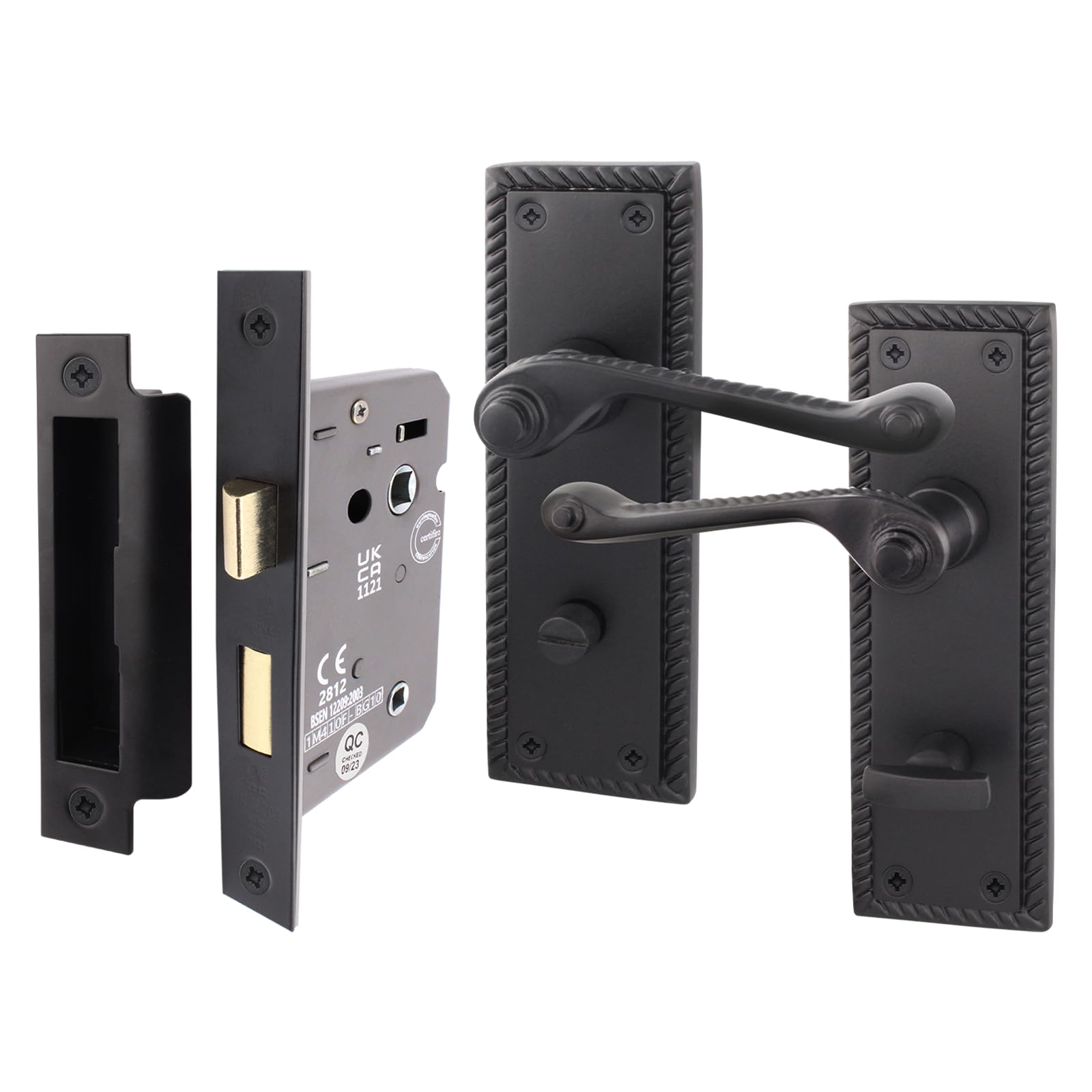 Eai Matt Black Georgian Scroll Bathroom Door Handle Set - 1 Pair Of Internal Lever Handles & Lock (64Mm) - Rope Design