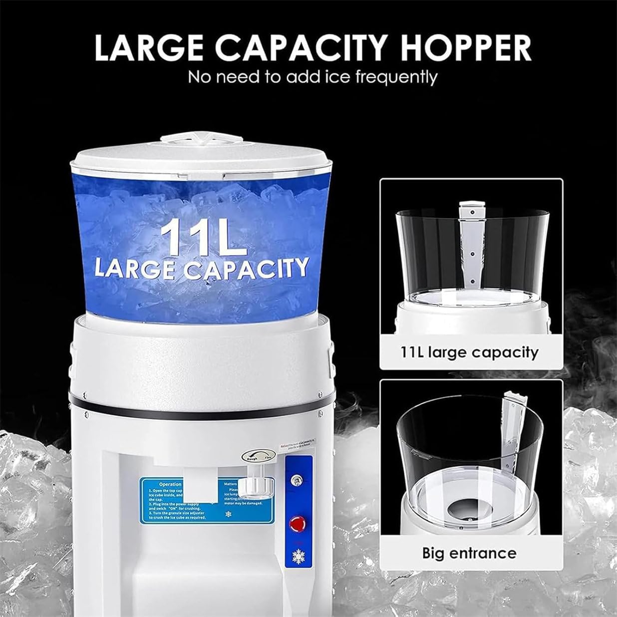 Broyeur à glace, 350 W, machine à glace pilée de table de 480 kg/h avec capacité de 11 L pour cocktails, smoothies, boissons et autres friandises glacées