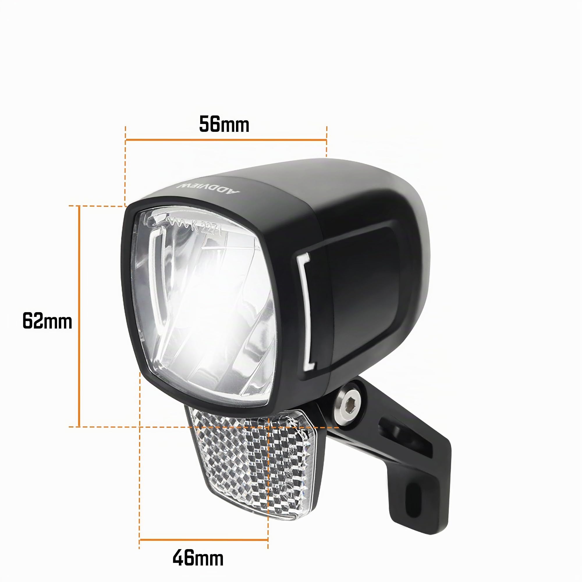 ADDVIEW Phare avant pour vélo électrique Marteau E170 - 170 lux - Lampe LED de vélo - Certifié StVZO et ECE - Boîtier en aluminium/ABS - Étanche IP65 - DC 8-48 V - Feu latéral - Pour vélos électriques