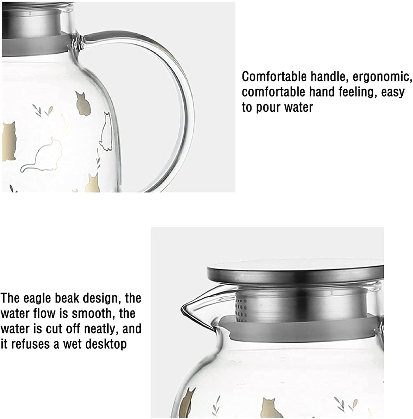 Jarra de Agua Simple Jarra de Vidrio de borosilicato con Tapa de Acero Inoxidable Jarra fría de Gran Capacidad Linda Tetera para Jugo, Leche, Caliente y Col