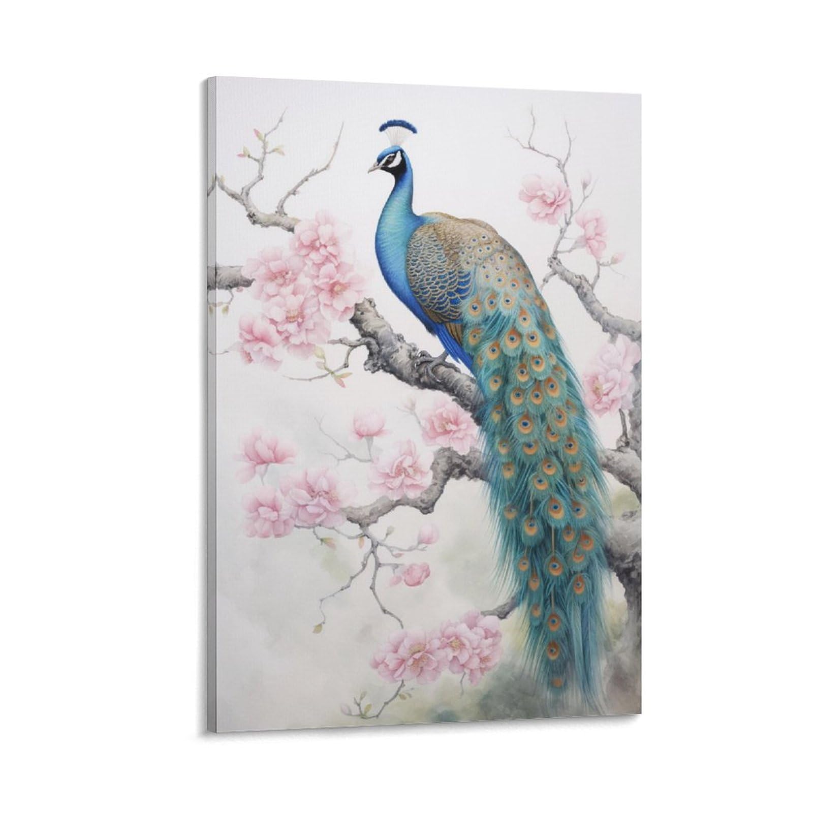 AYAROS Flower Branch Peacock Wall Art Canvas Poster Pink Floral Beautiful Wildlife Wall Decor Poster Dormitory Decor Painting Art Framed 12x18 inch