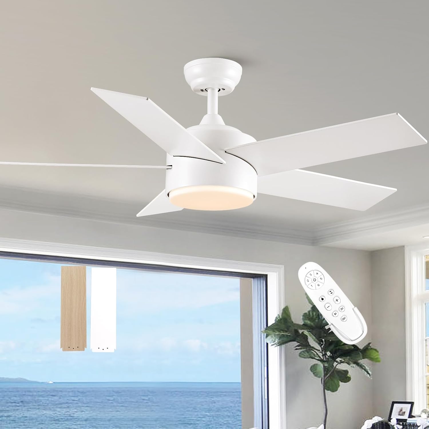 44 inch White Ceiling Fan with Lights and Remote Control, Dimmable Wood Modern Ceiling Fans for Bedroom, Living Room, Dining Room, with 3-Color, Quiet Reversible 6-Speed Function