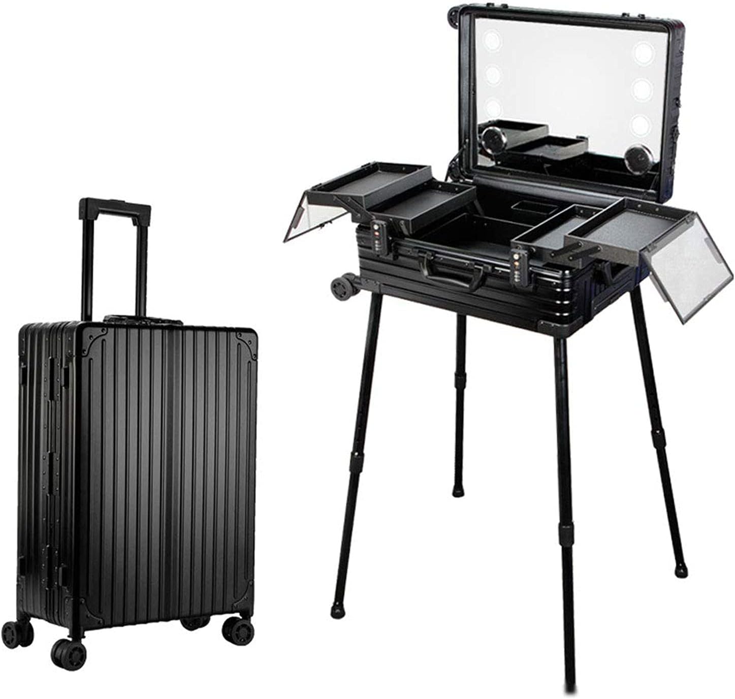 Professional Rolling Makeup Studio Beauty Cosmetic Train Case with LED Lighted Mirror Adjustable Legs Free Standing Travel Vanity Trolley Box Red (Silver)