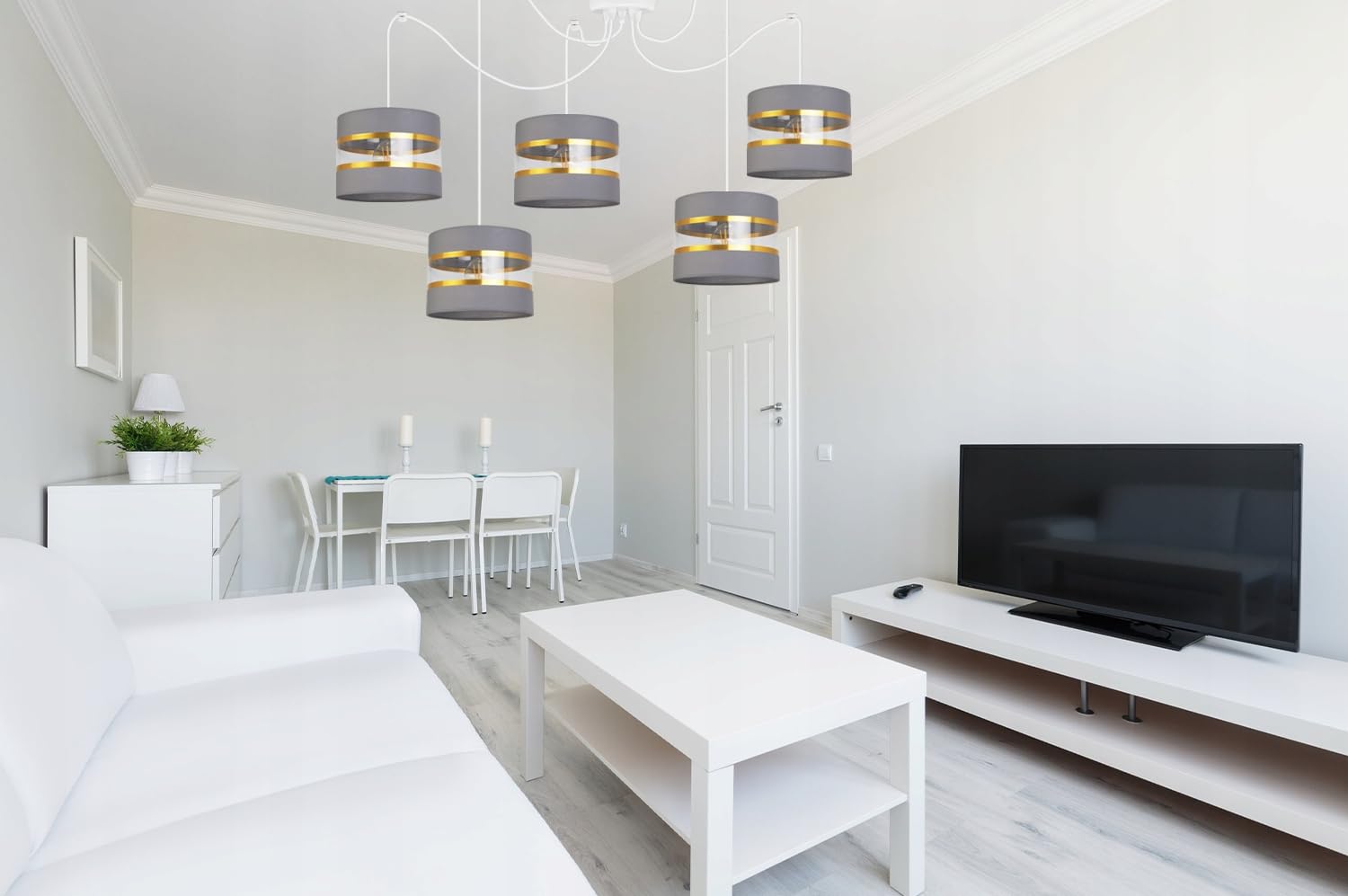Light-Home Spider Elegance Deckenleuchte Pendelleuchte - Moderner Deckenleuchter für Schlafzimmer Wohnzimmer und Küche im Glamour - E27 mit 5 Lichtpunkten - Lampenschirm Stoff 20cm - Weiß und Grau