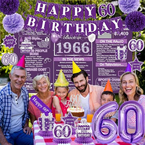 Image of Crenics Purple 60th Birthday Decorations for Women - Back in 1966 Backdrop, Banner, Swirls, Centerpieces, Sash, Paper Pom Poms, Cake Topper and Balloons for 60 Birthday Party Supplies