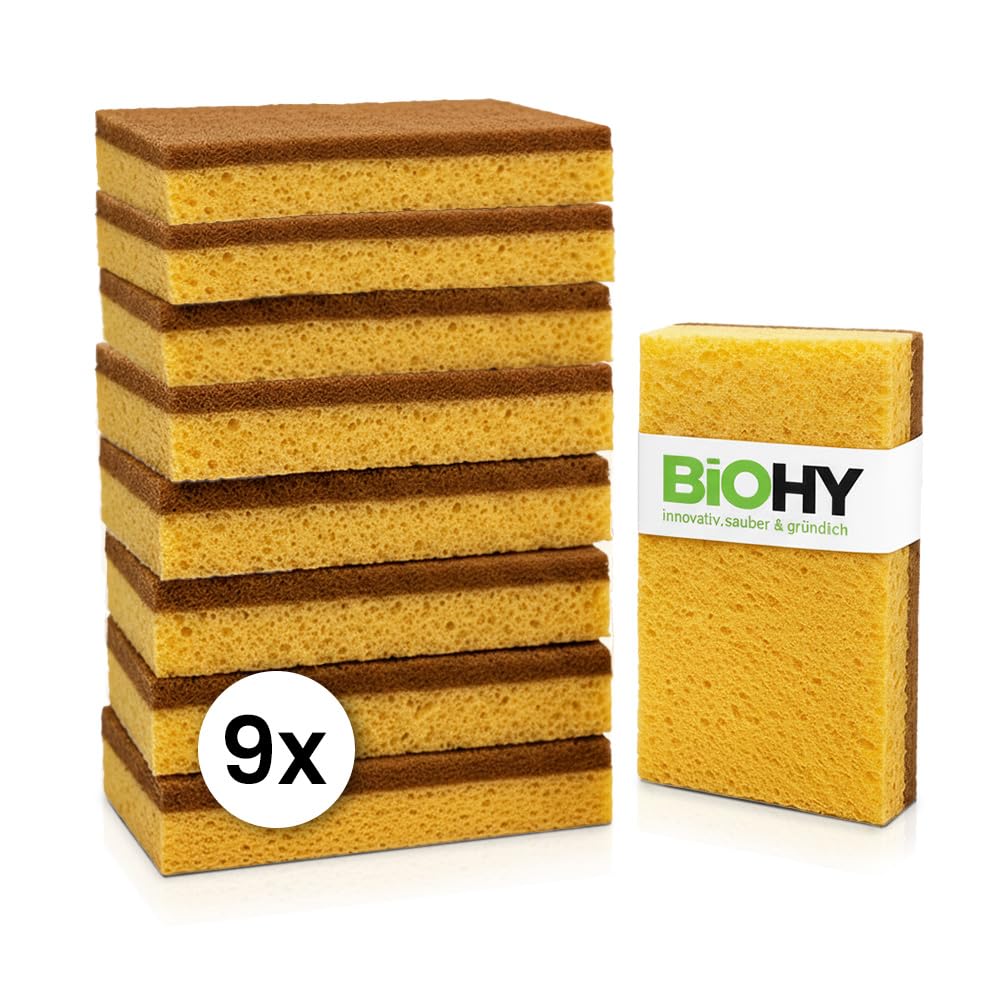 BiOHY Lot de 9 éponges à vaisselle en coco | Éponge écologique durable pour la cuisine et la maison | Éponge de cuisine à faible odeur | Réutilisable et biodégradable | Éponges en fibre de noix de