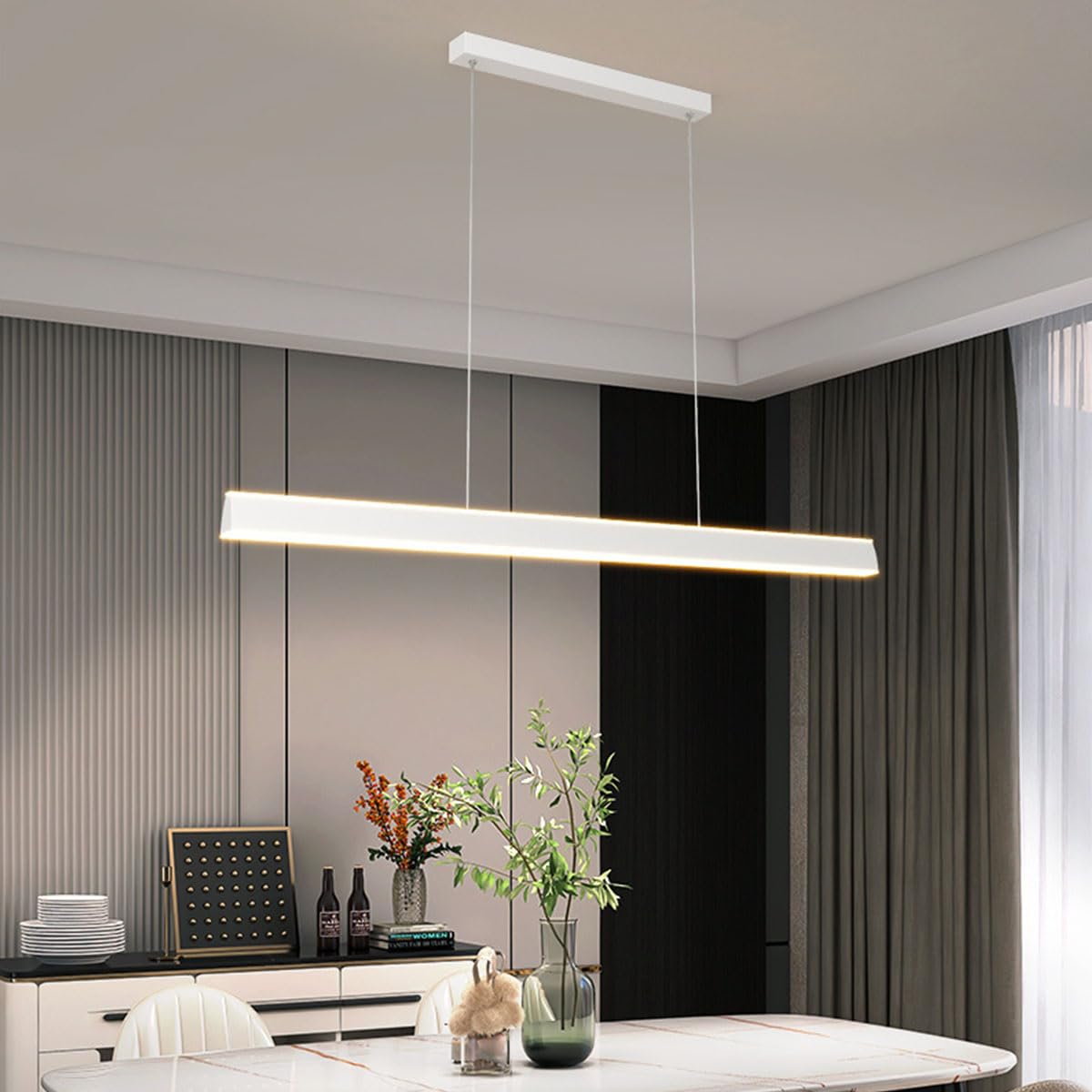 Aleaty LED Pendant Lamp Dining Table Chandelier Dimmable Pendant Lamp LED Linear Pendant Lamp with Memory Function 3000k-6500k Modern Contemporary Pendant Lamp for Conference Hall (White, L80cm)