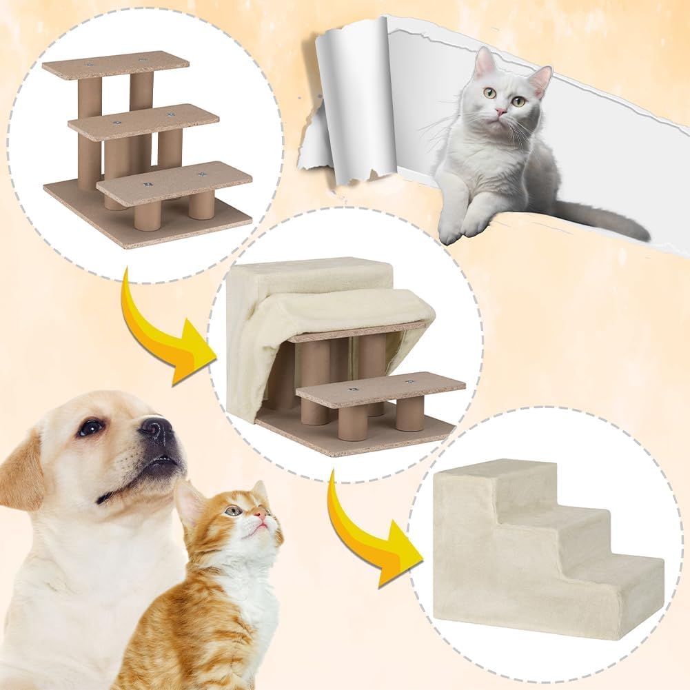 BAKAJI Scala per Animali Domestici con 3 Gradini e Rivestimento Sfoderabile in Peluche, Rampa per Gatti e Cani Anziani, Scaletta con Imbottitura ad Alta Densità, 45,5 x 36 x 34 cm… (Beige)