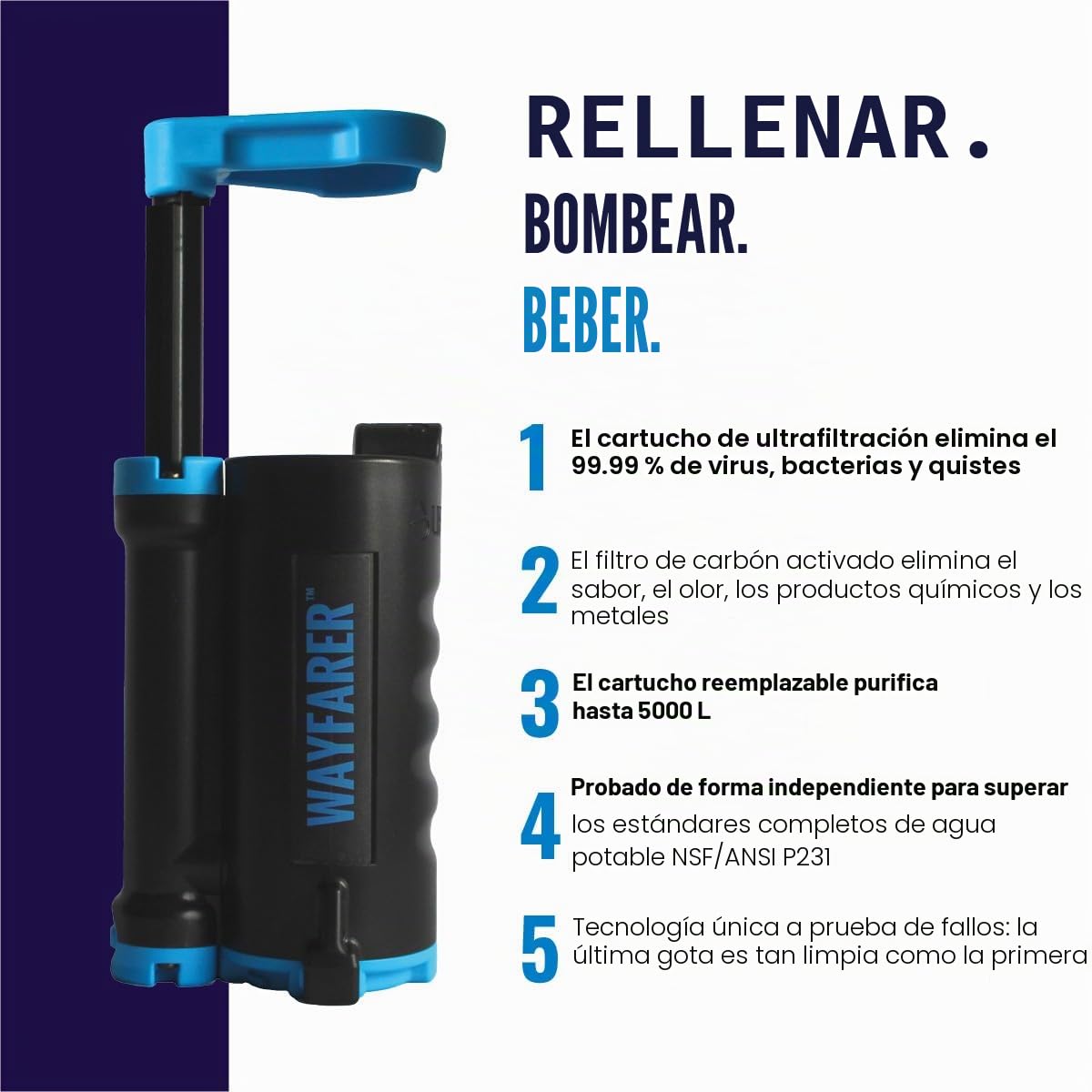 LifeSaver Wayfarer - Purificador de Agua Portátil Compacto y Liviano, Kit Supervivencia para Camping y Aventura, Filtro de Agua de Mano, Elimina el 99,99% de Bacterias y Microplásticos