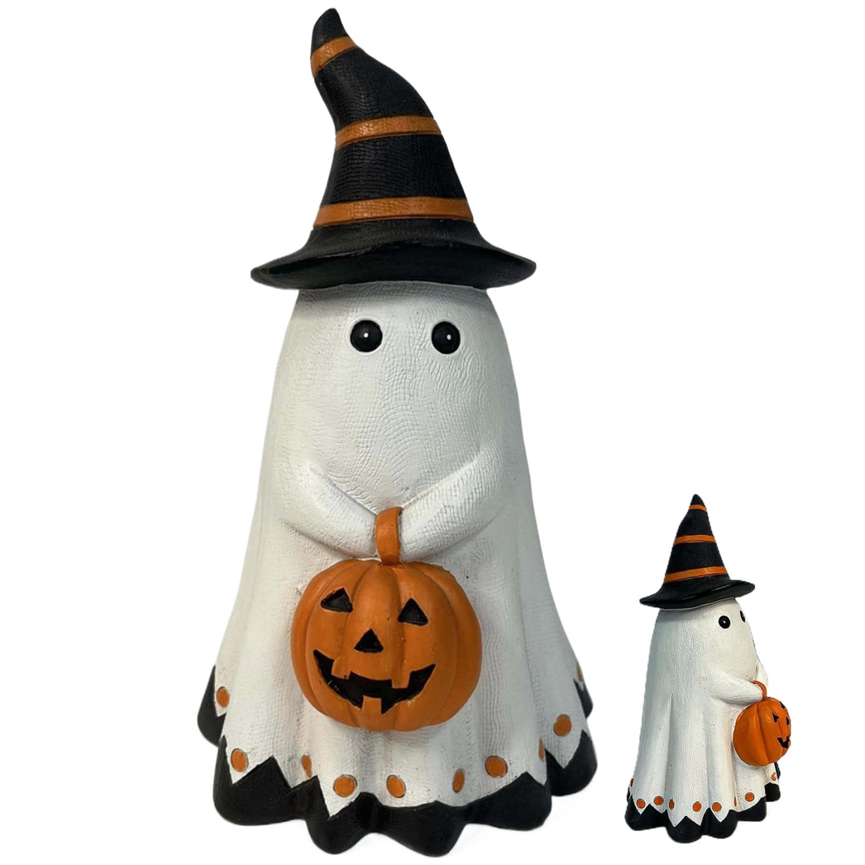 Decorazioni di Halloween, Decorazioni di fantasmi, Simpatica statua di fantasma di Halloween in piedi con zucca appuntita e in mano, ornamento spettrale resina di cartone animato per tavolo da scaffa