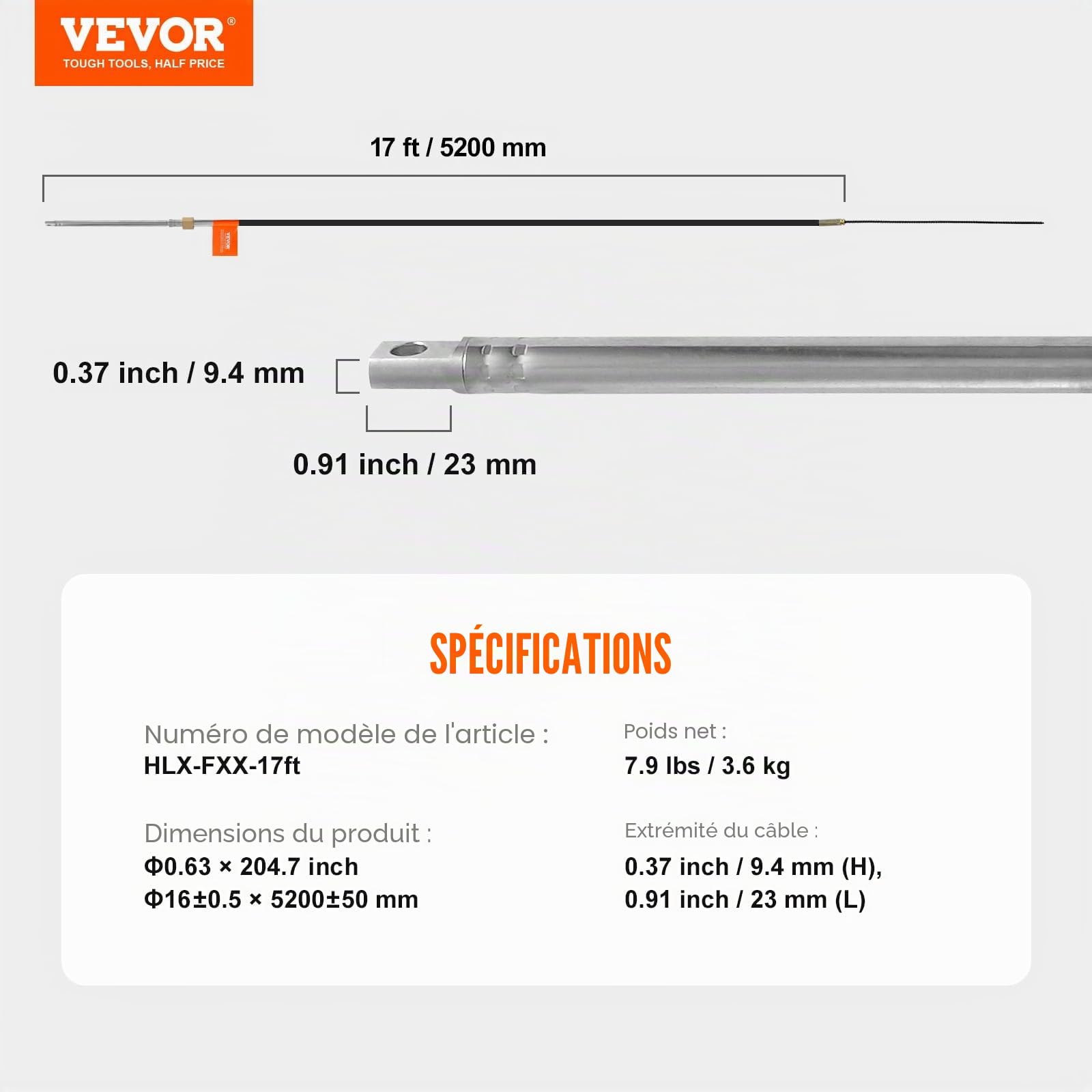 VEVOR Câble de Commande pour Bateau 520 cm Câble d'Accélérateur Force de Traction Maximale 500 kg Câble de Direction Compatible avec la Plupart des Systèmes de Direction de Hors-Bord à Station Unique