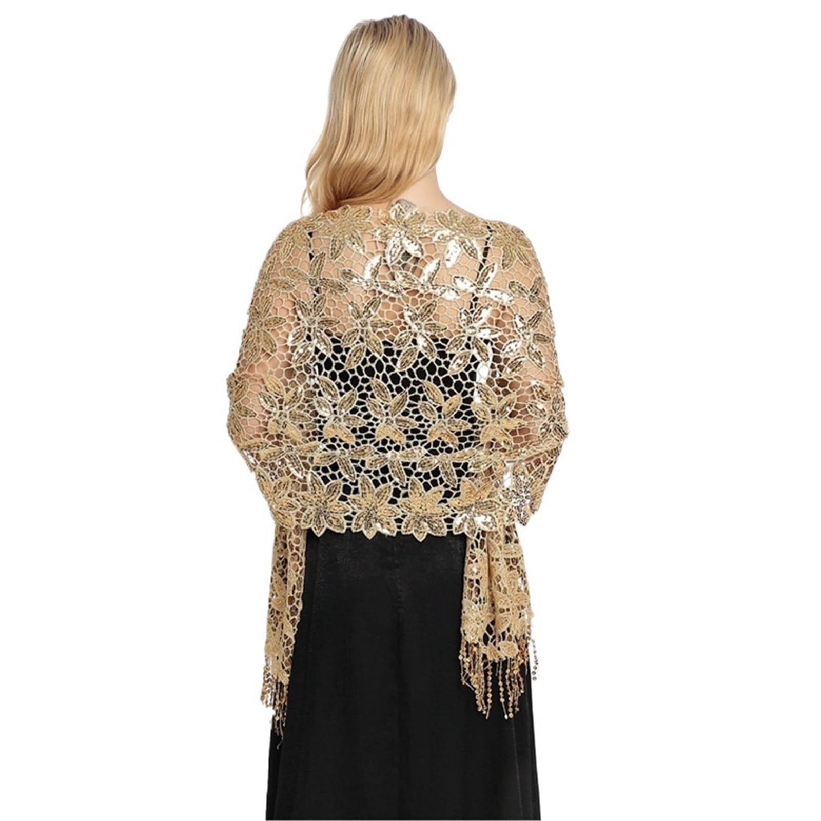 Chal Boda Vestido Formal con Capas de Chal Floral de Encaje for Mujer de Boda Transparente for Fiesta de Novia con Lentejuelas Doradas para Fiestas de Noche, Boda(Black Gold)