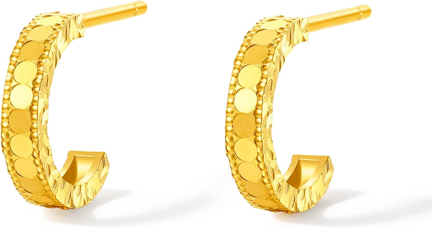 24K Solid Gold Earrings Pure Gold Huggie Stud Half Hoop Earring Simple Studs Dainty Jewelry for Women Mom Daughter Birthday Anniversary