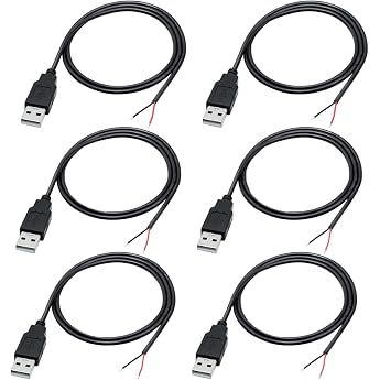 Greluma 6 Pack 22AWG USB Flex Cable 2 Wires USB 2.0 Cable Open End 2 Pin Bare Wire 1m USB Cable Power Cord with 12V 3A USB Male Black