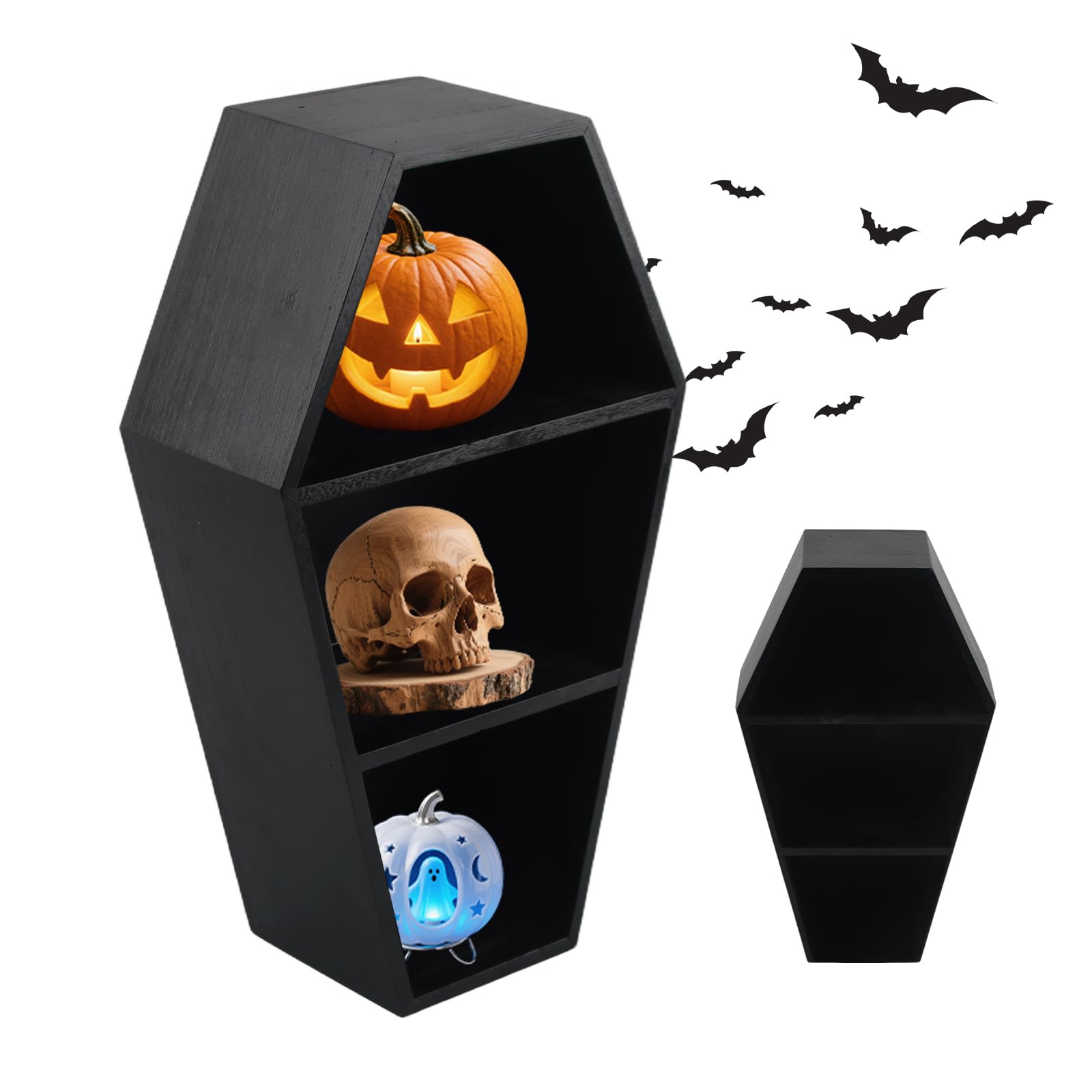 Coffin shelf murale spirituelle bois noir déco Halloween