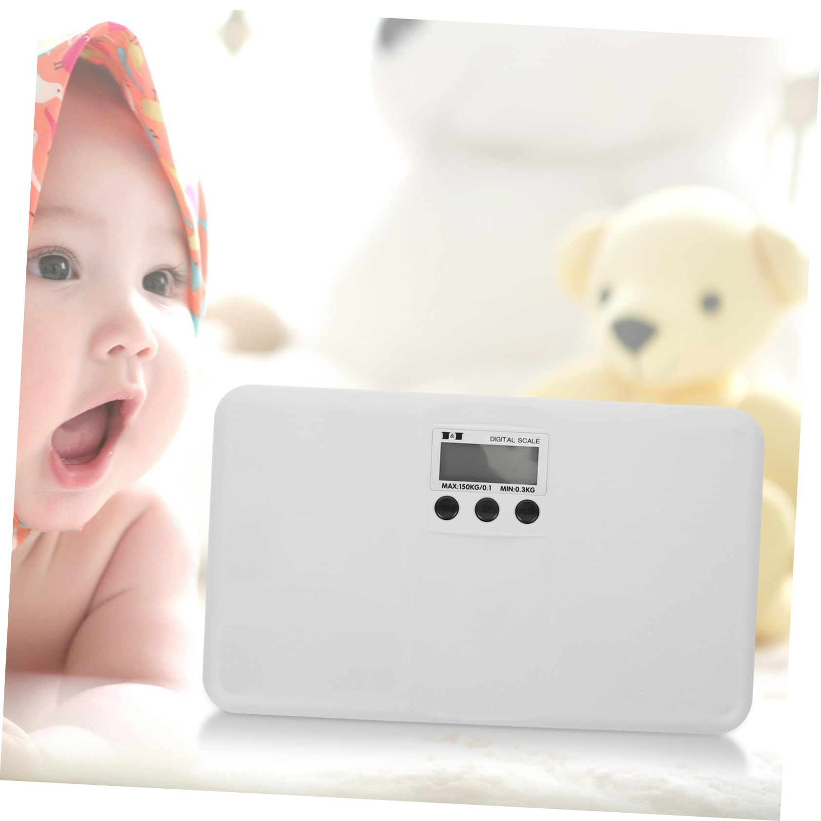 Elektronische Babywaage mit Digitalanzeige, 0, 3kg bis 150kg, Weiß | Kunststoffgehäuse, Flach, für Zuhause, 2 Aaa Batterien nicht Enthalten