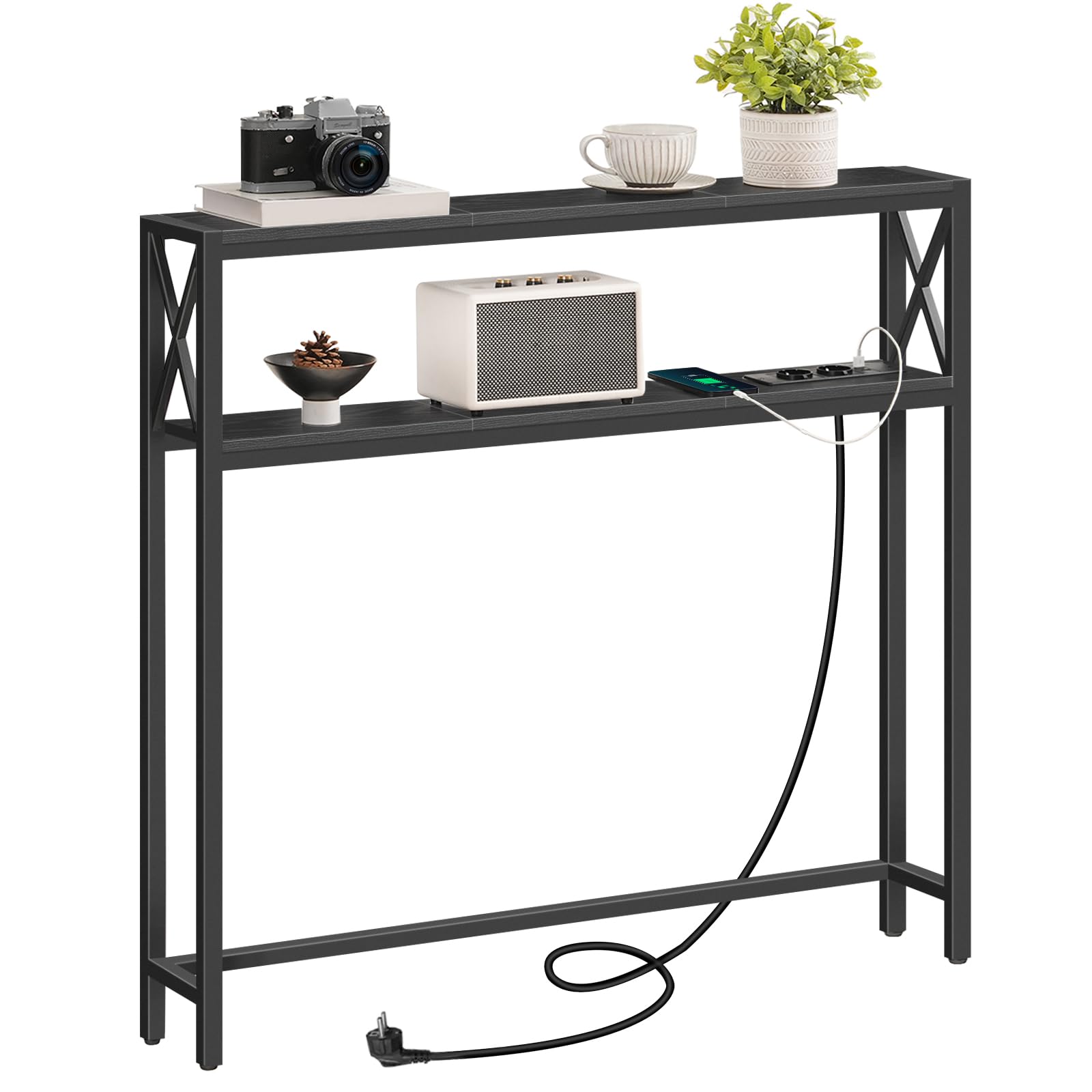 MAHANCRIS 100 cm 2-stöckiger Konsolentisch, Beistelltisch, mit 2 Steckdosen und 2 USB, Schmaler Eingangstisch, Flurtisch, Sofatisch für Flur, Wohnzimmer, Schlafzimmer, Foyer, Schwarz ACTHB115UE01