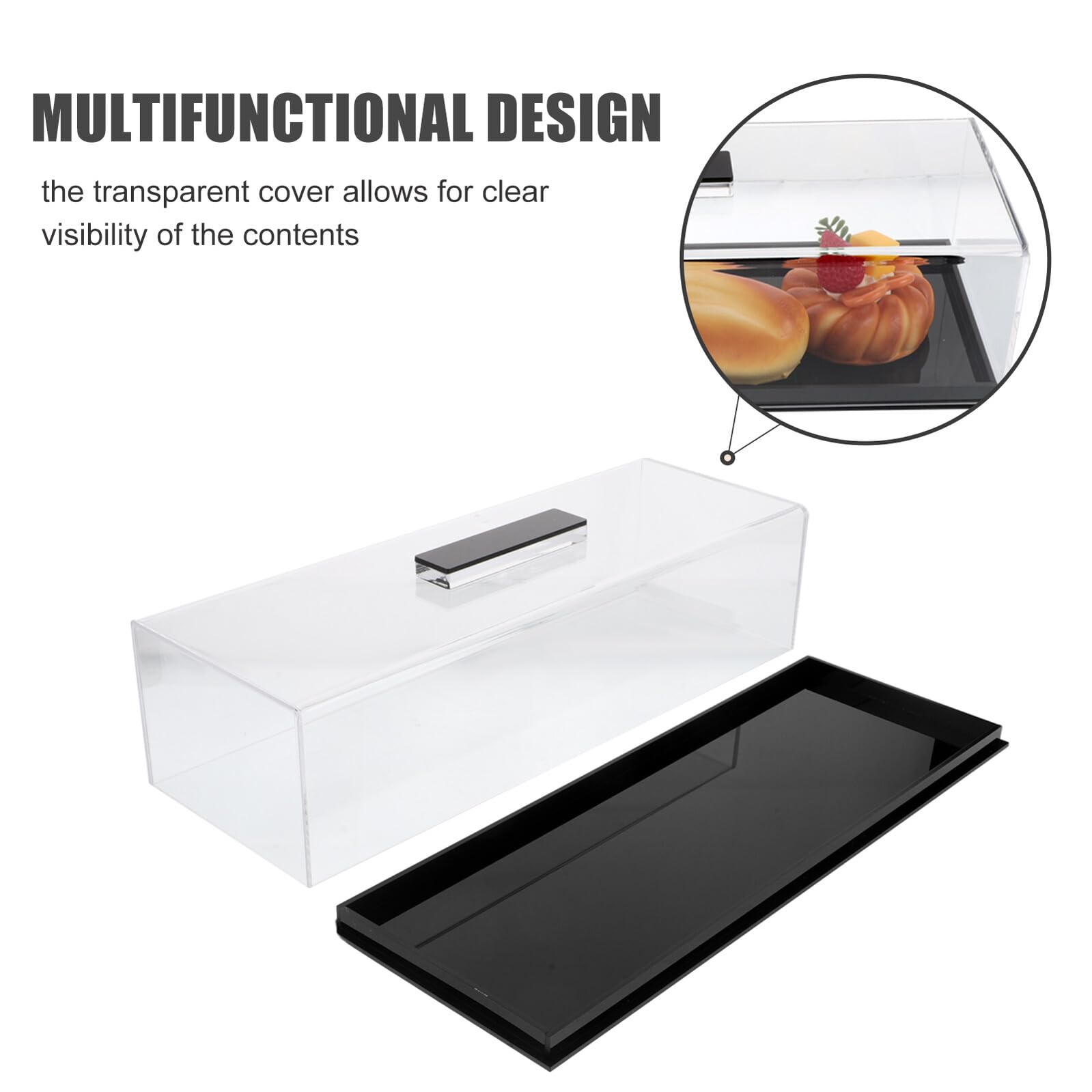 Soporte Rectangular para Pasteles con Tapa Transparente Bandeja Acrílica Multifuncional para Postres y Pan Base Negra Exhibidor Portátil para Cocina y Repostería
