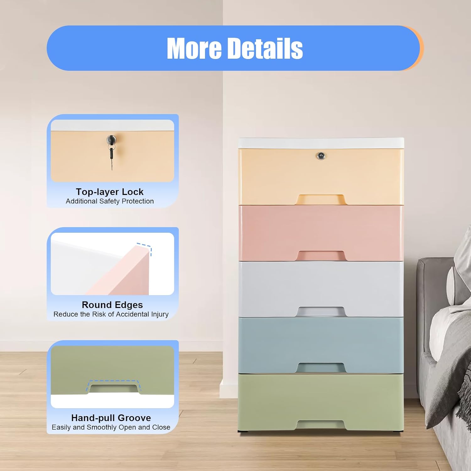 5 Layers Tall Plastic Drawers Dresser Rack, Modern Portable Storage Cabinet with 4 Wheels, Store Bin Cabinets for Bedrooms Living Rooms Studies Powder Rooms (Macaron)