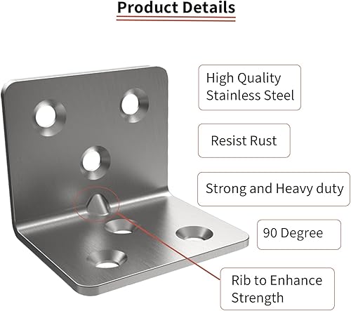 Miniatura 2 de Soporte de esquina de acero inoxidable, soporte de ángulo recto articulado, en forma de L, soporte de esquina de metal resistente para Aufuga de