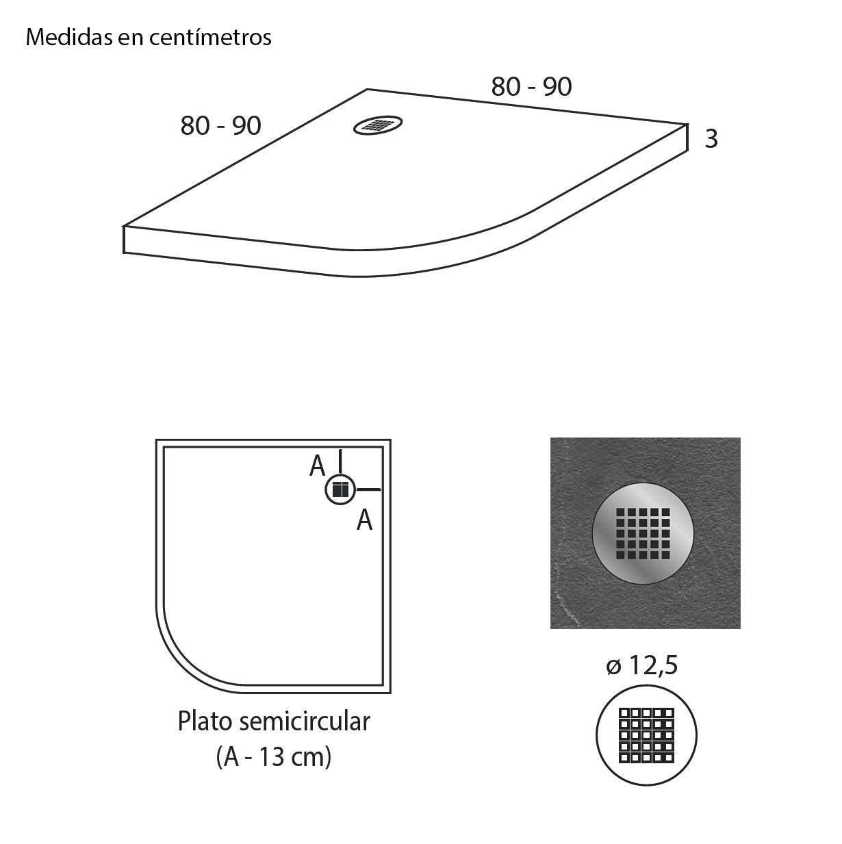 Plato Ducha Resina Semicircular Efecto Pizarra Extraplano, Resistente al Rayado, Antideslizante y Muy Agradable al Tacto. Ideal para Espacios Reducidos 80 x 80 Negro