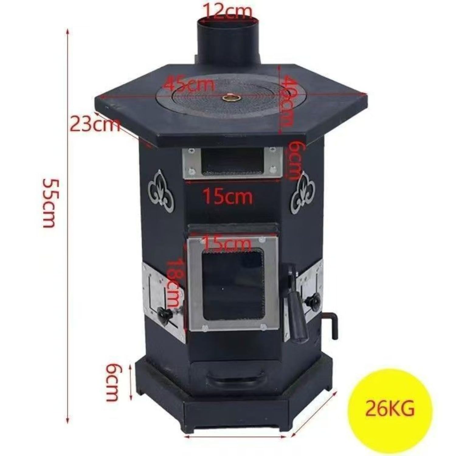 Visual True Fire, stufa a legna, sistema di combustione secondaria, multifunzione, in ghisa, per casa, soggiorno, villa rurale, alloggio in famiglia (nero, 55 cm)