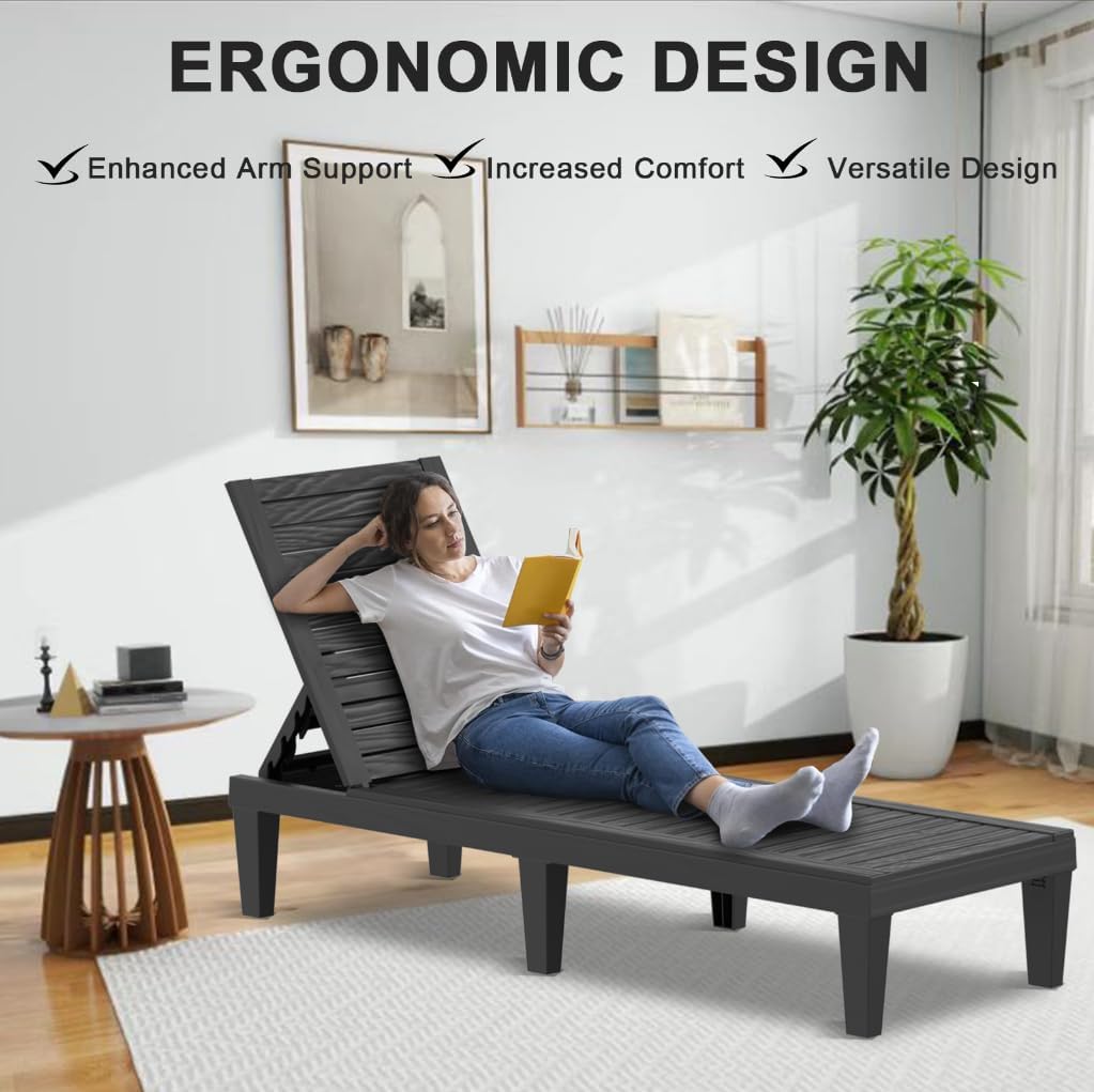 EasyUp Resin Chaise Lounge Chairs with 5-Position Backrest, UV & Fade-Resistant, Waterproof for Garden, Pool, Beach & Patio (Set of 1-Black)
