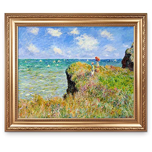 The Cliff Walk at Pourville by Claude Monet Framed Size:36x30 inches,Image Size:30x24 inches World Classic Reproductions For HomeDecor,Wide Gold Frame