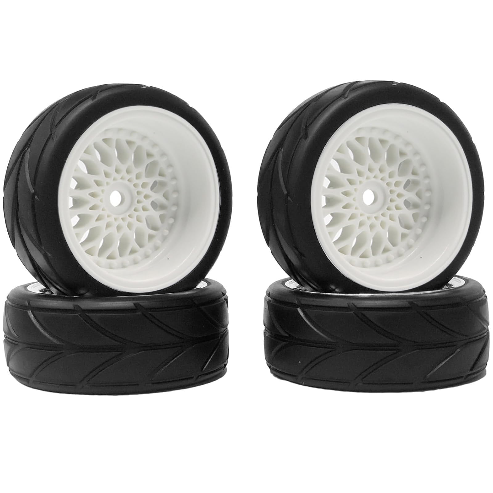 KINGCOO RC Car Tyres and Wheels Set, 4PCS 64mm Rubber Tires and Plastic Plating Wheel Rims 12mm Hex for 1/10 RC On Road Run-flating Touring Racing Drift Car (White, Offset:3MM) โ image 1