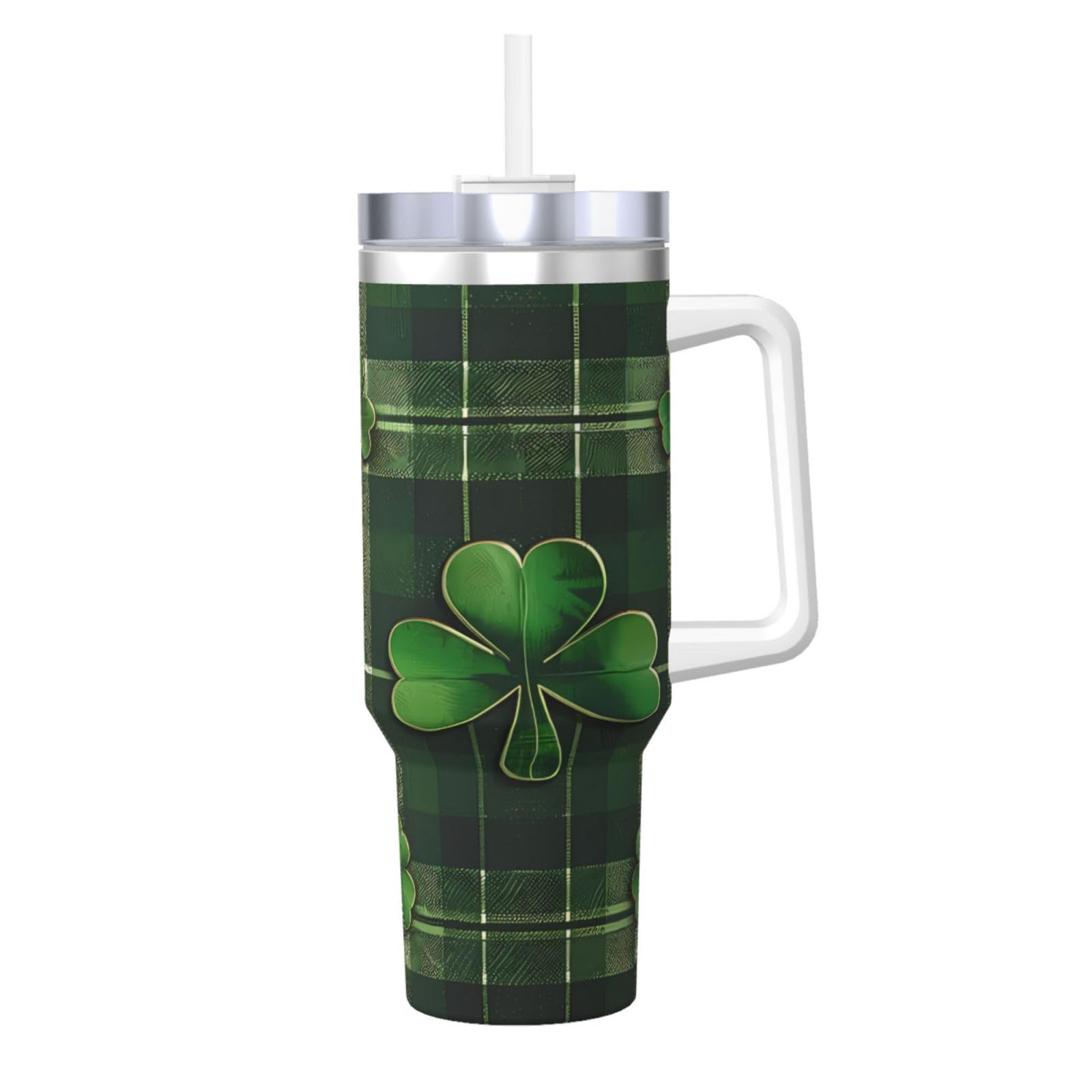 Fiephvsa Three Leaf Clover Green 40oz Ice Bully With Handle And Straw St. Patrick'S Day Stainless Steel Vacuum Insulated Cup And 2 In 1 Straw Lid For Indoor Outdoor