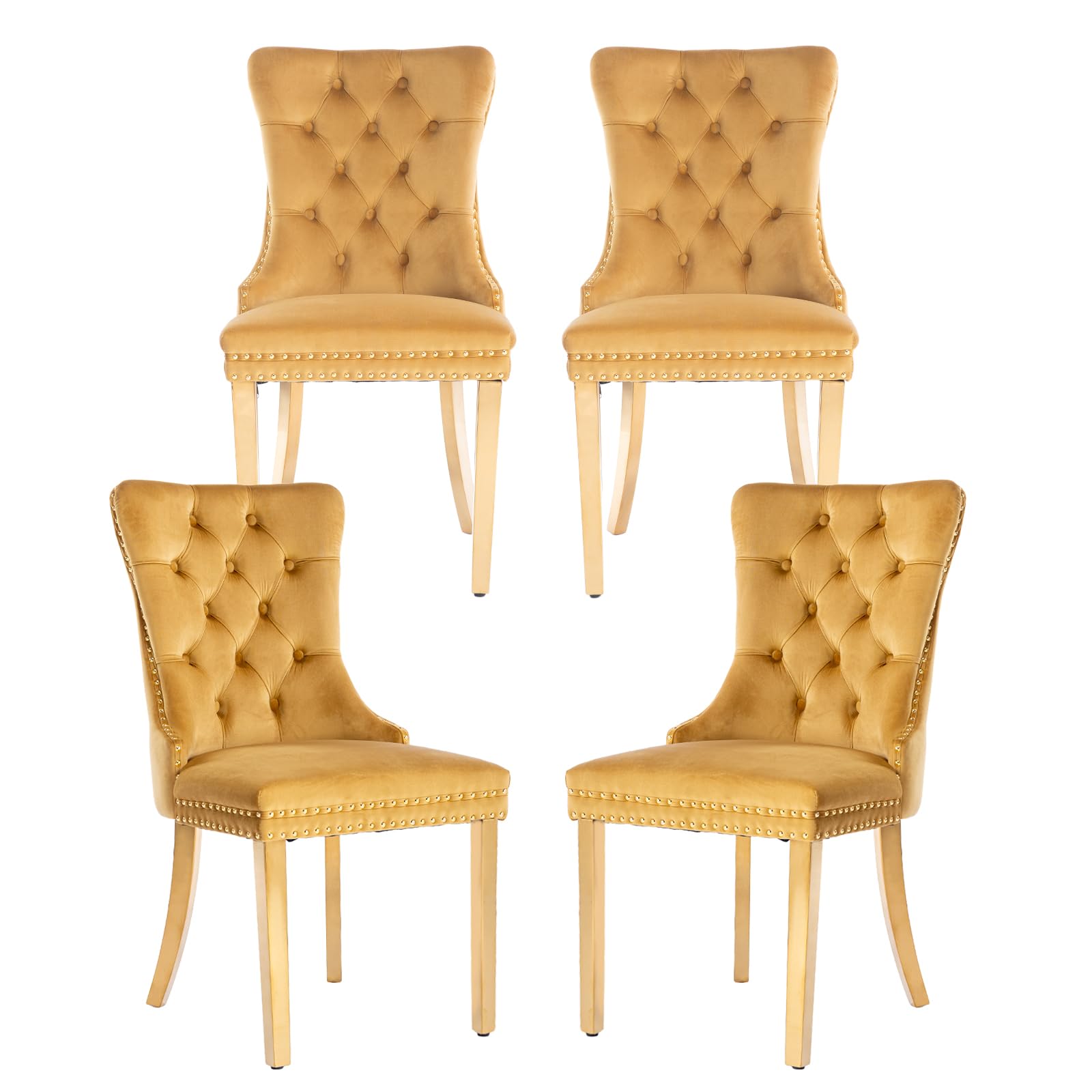 MZDOO Velvet Dining Room Chairs Set of 4, Tufted Upholstered Dining Chair with Back Ring Pull, Nailhead Trim and Golden Legs, Modern Dining Chairs for