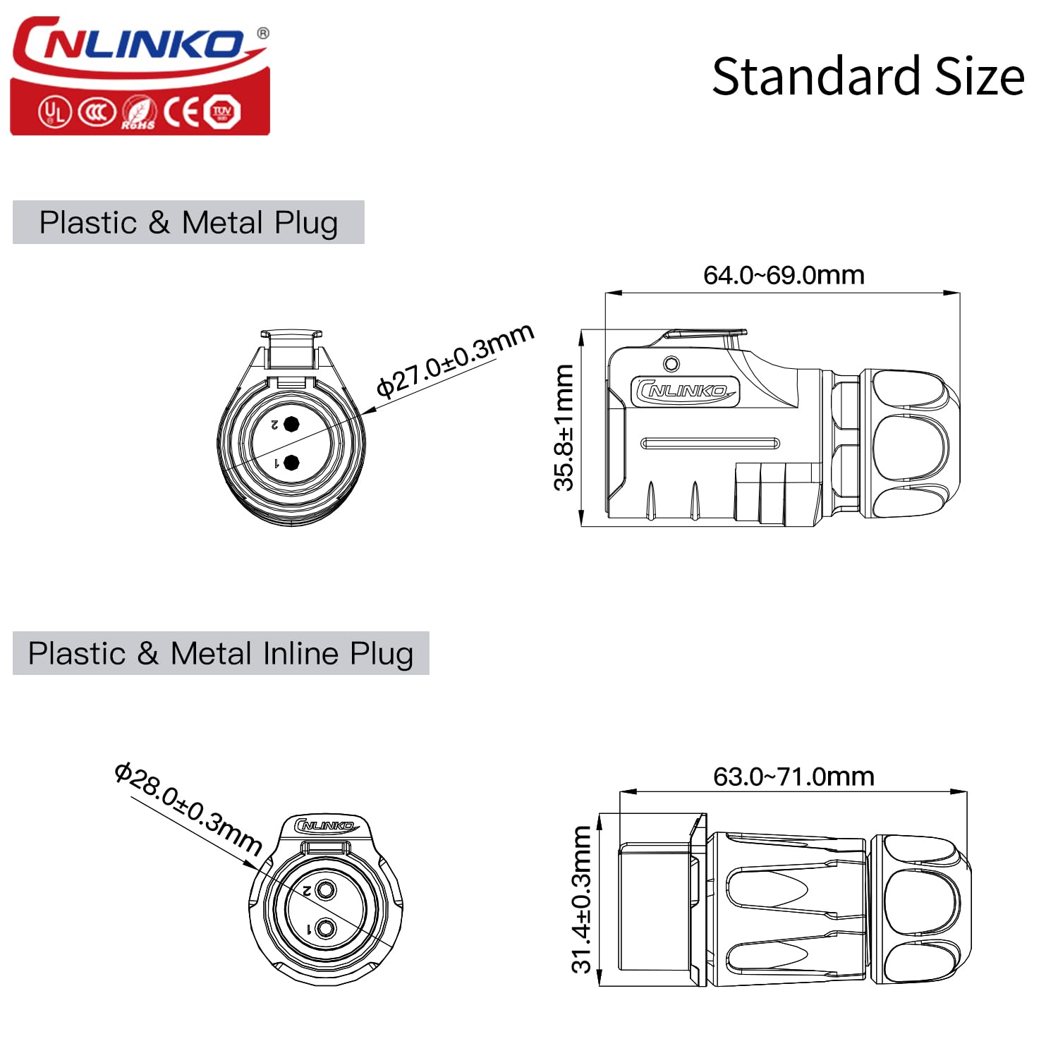 CNLINKO LP-20 2 Pines Conector Impermeable, IP68 Conector Circular, Enchufe Rápido Conector de Aviación, PBT Conector de Soldadura de Plástico Conector de la Industria Marina (2 Pines)