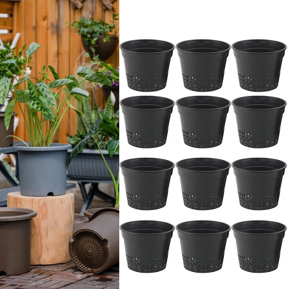 12-częściowy zestaw hydroponicznych doniczek do sadzonek, 15 x 11,2 cm, czarny plastik, idealny do kultu bez gleby z gliną, kamyczkami i wełną mineralną