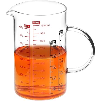 QWORK 1L Borosilicate Glass Measuring Cup, Multiple Scales ml/oz/Cup, Heat and Cold Resistant, Microwave Safe for Baking