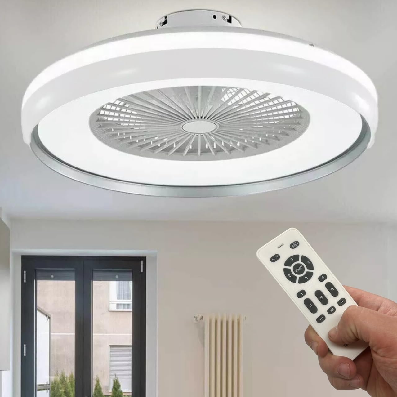 Partenopea Lampadario ventilatore 6 velocità Plafoniera moderna a LED con telecomando e gestibile da APP cambia 3 tonalità luce bianca, dimmerabile 62W per interni casa cucina soggiorno (Ufo)