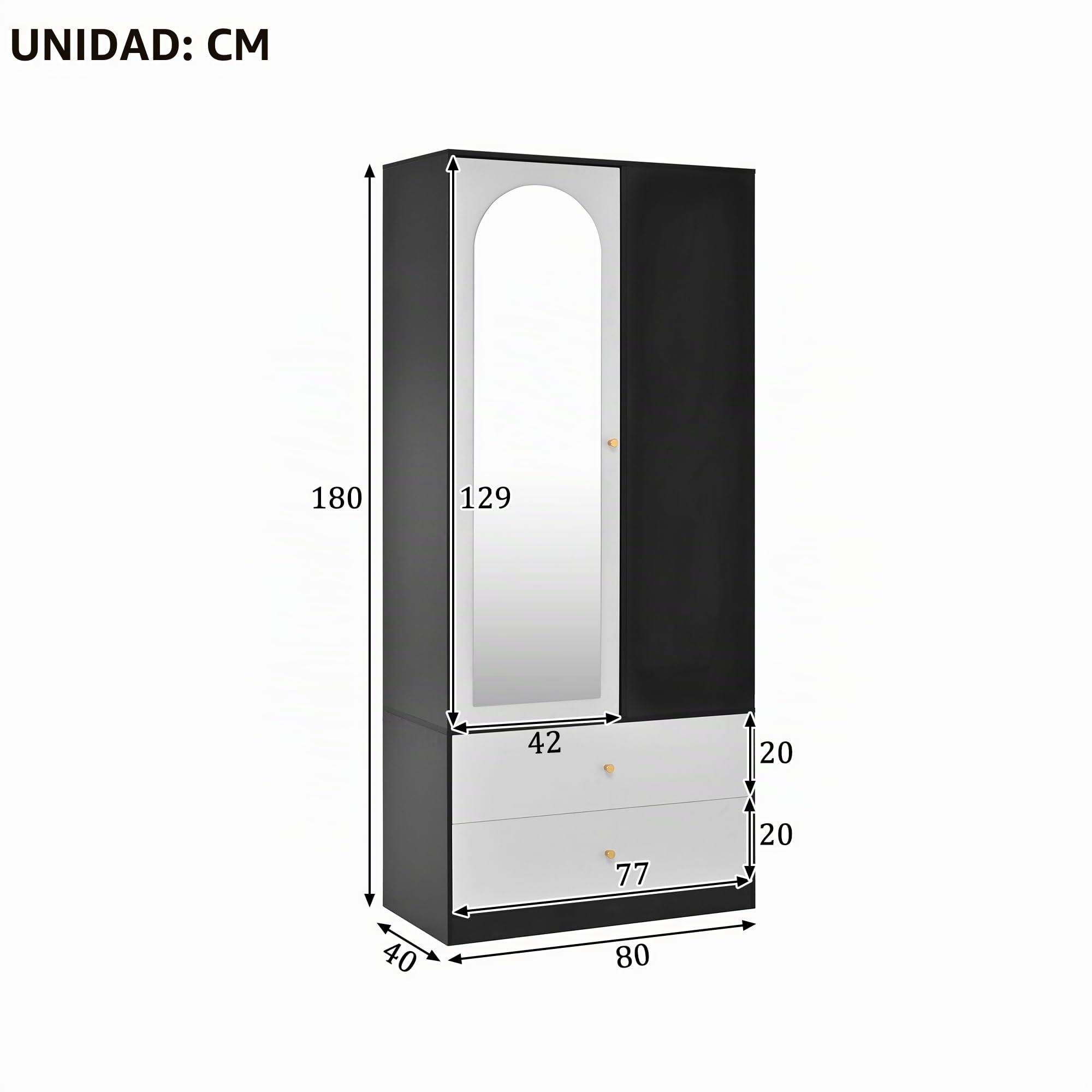 Armario con espejo y una puerta. Perchero moderno con 2 cajones y 4 estantes, ideal para almacenamiento versátil en el dormitorio. Blanco+Negro, Dimensiones: 80 x 40 x 180 cm