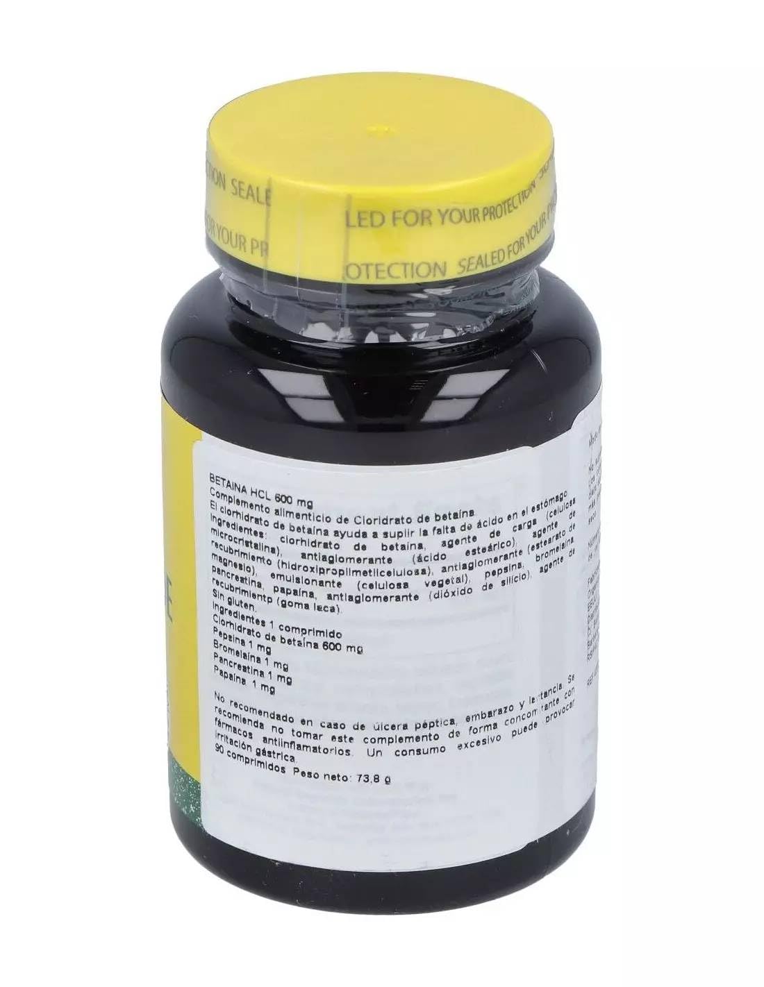 Betaína HCL 600 mg 90 comprimidos | Apoyo digestivo con ácido clorhídrico en forma de betaína | Ideal tras comidas copiosas, proteínas y dietas altas en proteína en adultos