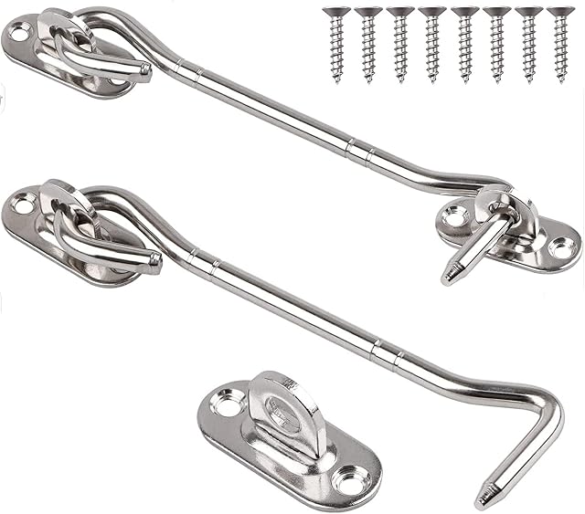 Tahbarshi 2 Pcs Stainless Steel Cabin Hook and Eye Latch Chrome (6 Inch) Screw in - Heavy Duty Latch for Cabinet Closet Window Sliding Barn Door - Shutter Shed Door Latch Garden Fence Gate Latch