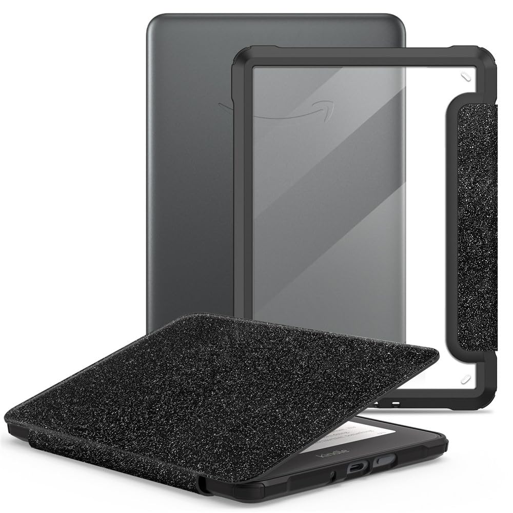 Compatible for Amazon Kindle Paperwhite (2024) Protective Case Clear Back Leather Flip Cover Support Auto Wake Sleep - Black-image-43
