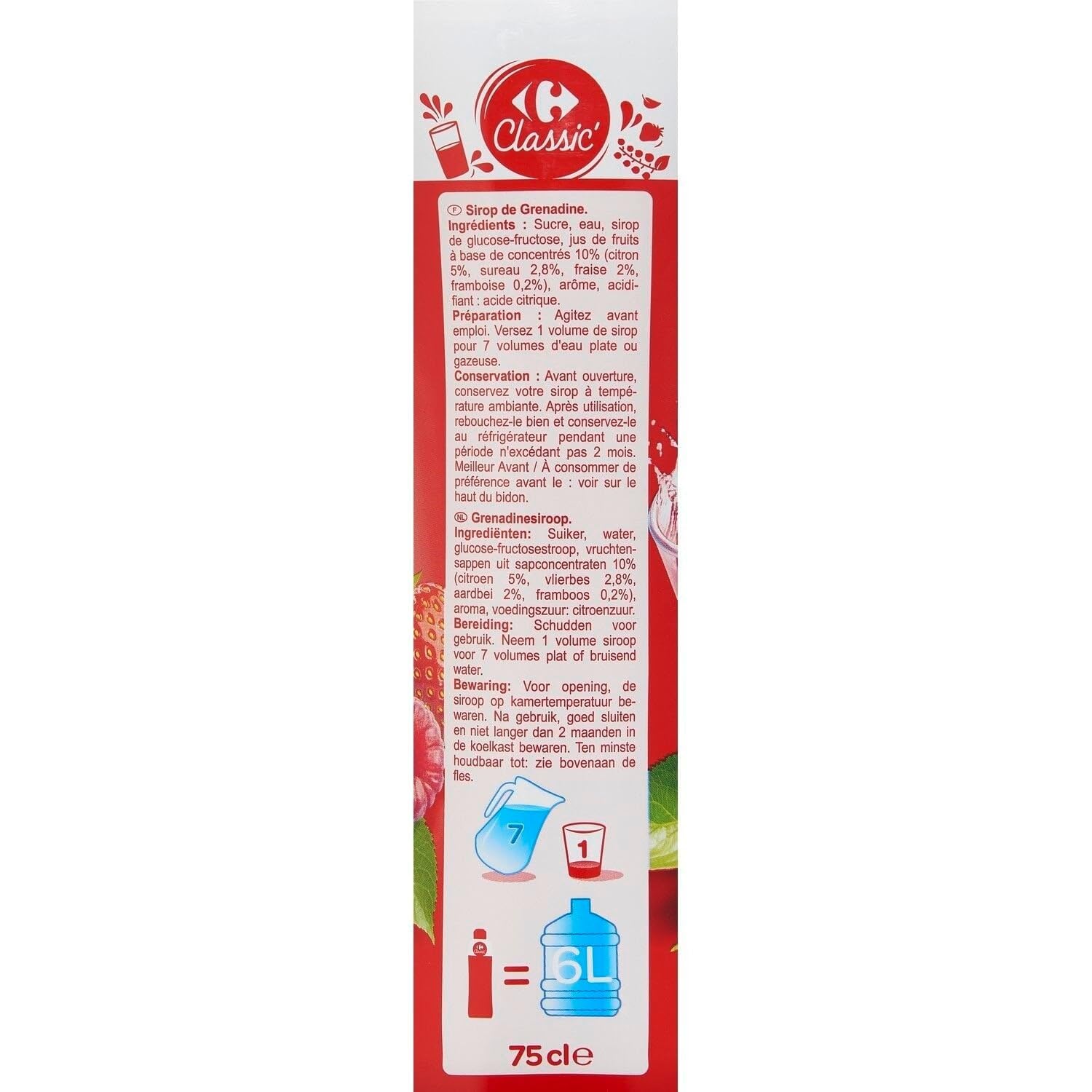 CARREFOUR CLASSIC' Sirop de Grenadine 75cl — Sans Conservateur, Couleur d'Origine Naturelle, aux Jus de Fruits pour Boissons et Desserts - Lot de 4