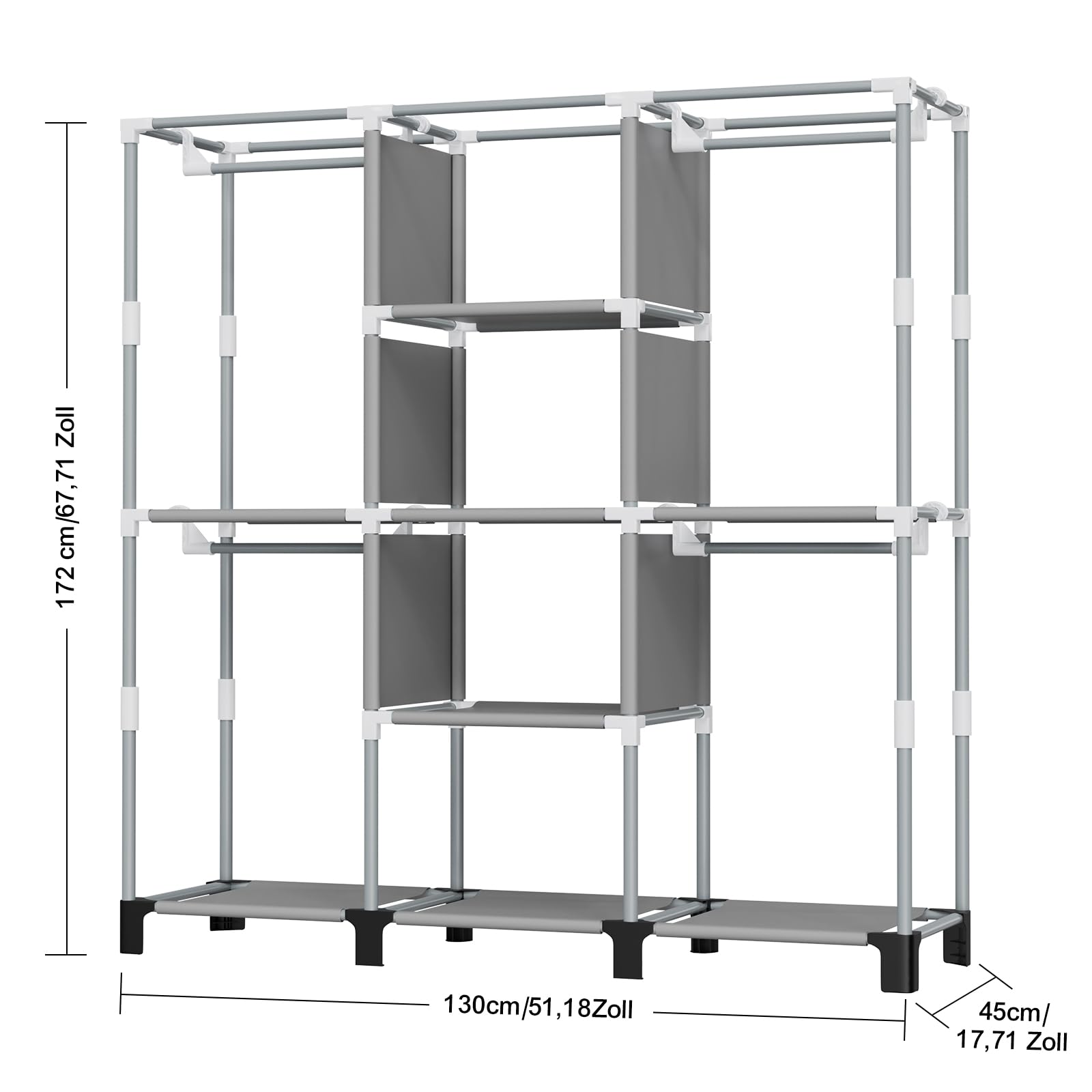 LOEFME Kleiderschrank, Stoffschrank, Faltbarer Kleiderschrank mit Kleiderstange, Stoffkleiderschrank mit 18 Seitentaschen, 45 x 130 x 172 cm, Grau