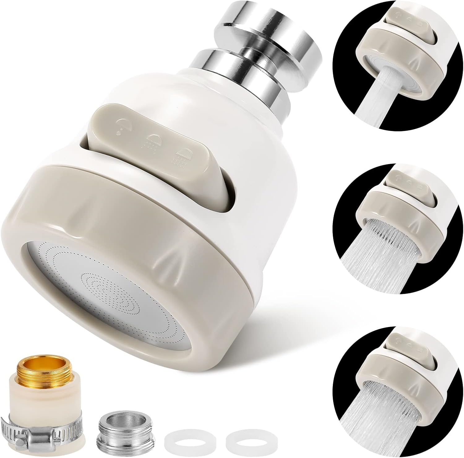 AMENER Movable Flexible Kitchen Tap Head With Filter Moveable 360 degree Rotable Swivel Water Saving Faucet Diffusser Water Purifier With M22 M24 Fitting (White)